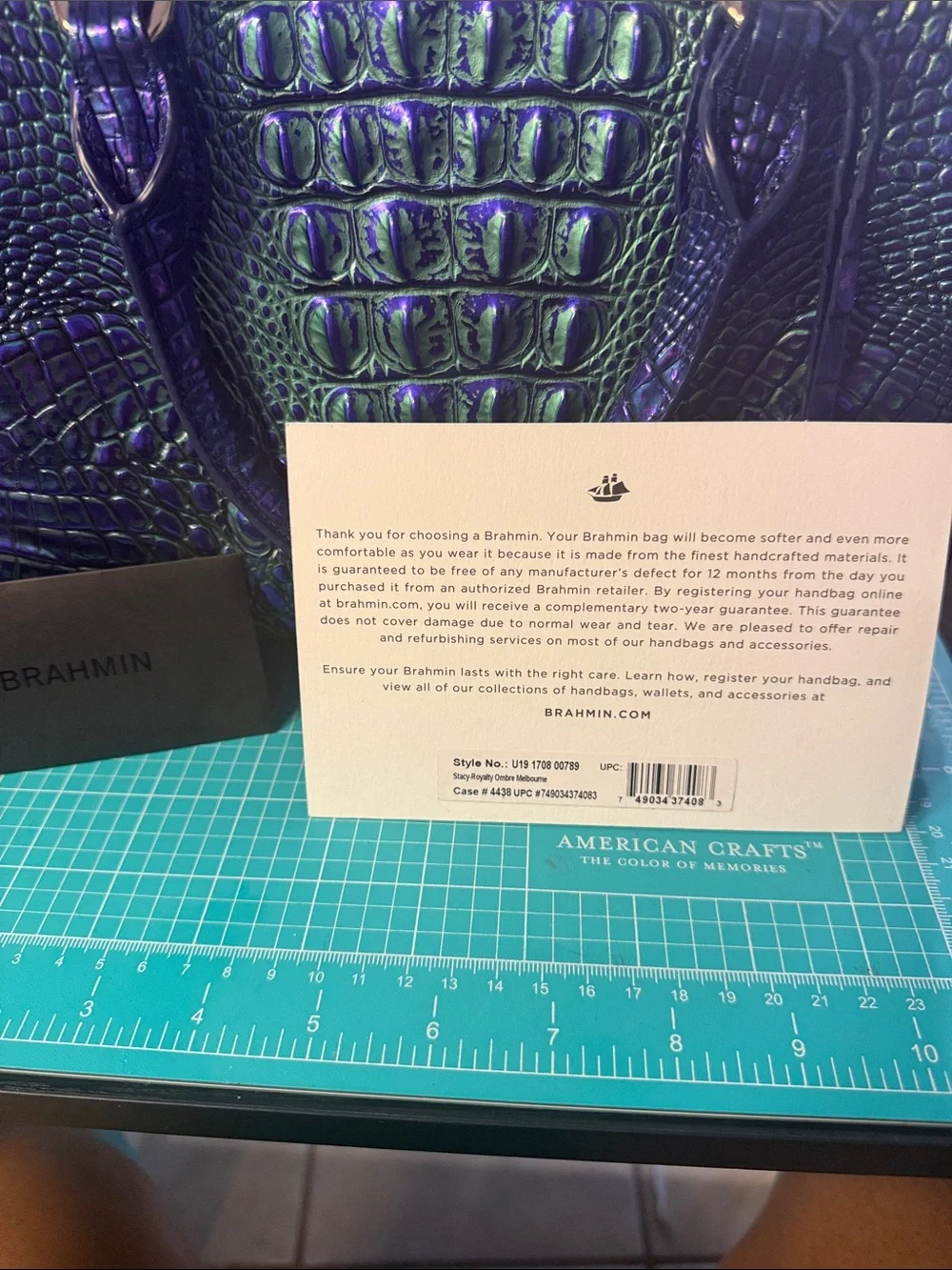 Brahmin Iridescent Purple and Green Croc-Embossed Satchel